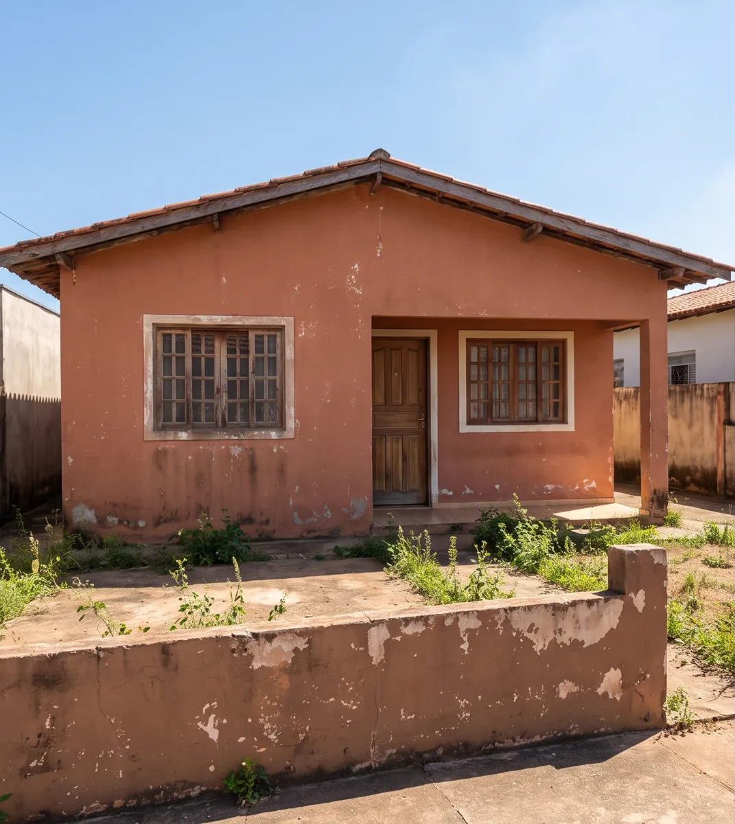 Antes: casa rosa com pintura desgastada